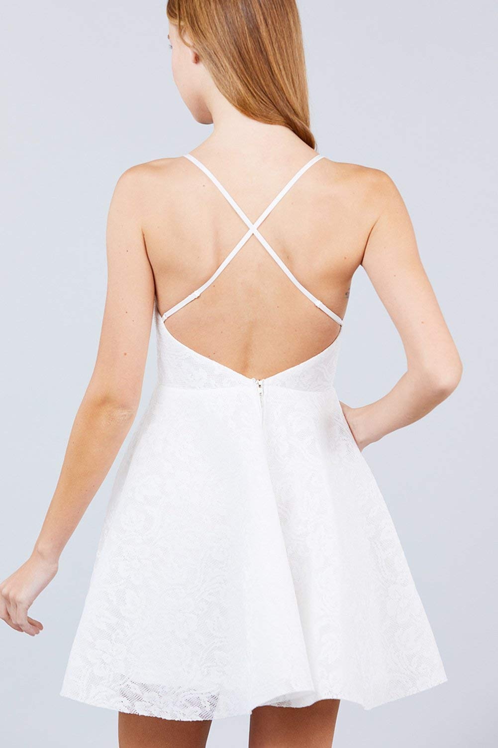 Khanomak Women's Mixed Lace Sleeveless Spaghetti Straps Backless Party Beach Fit & Flare Mini Dresses