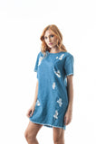 Short Sleeves Denim Frayed Ripped Distress Cotton Scoop Neck Side Pockets Casual Dress Shirt Tunic