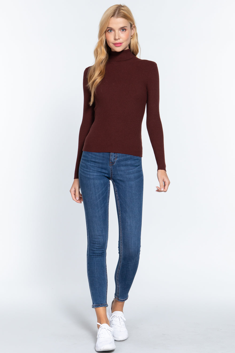 Women's Long Sleeve Turtle Neck Fitted Viscose Ribbed Sweater Cardigan