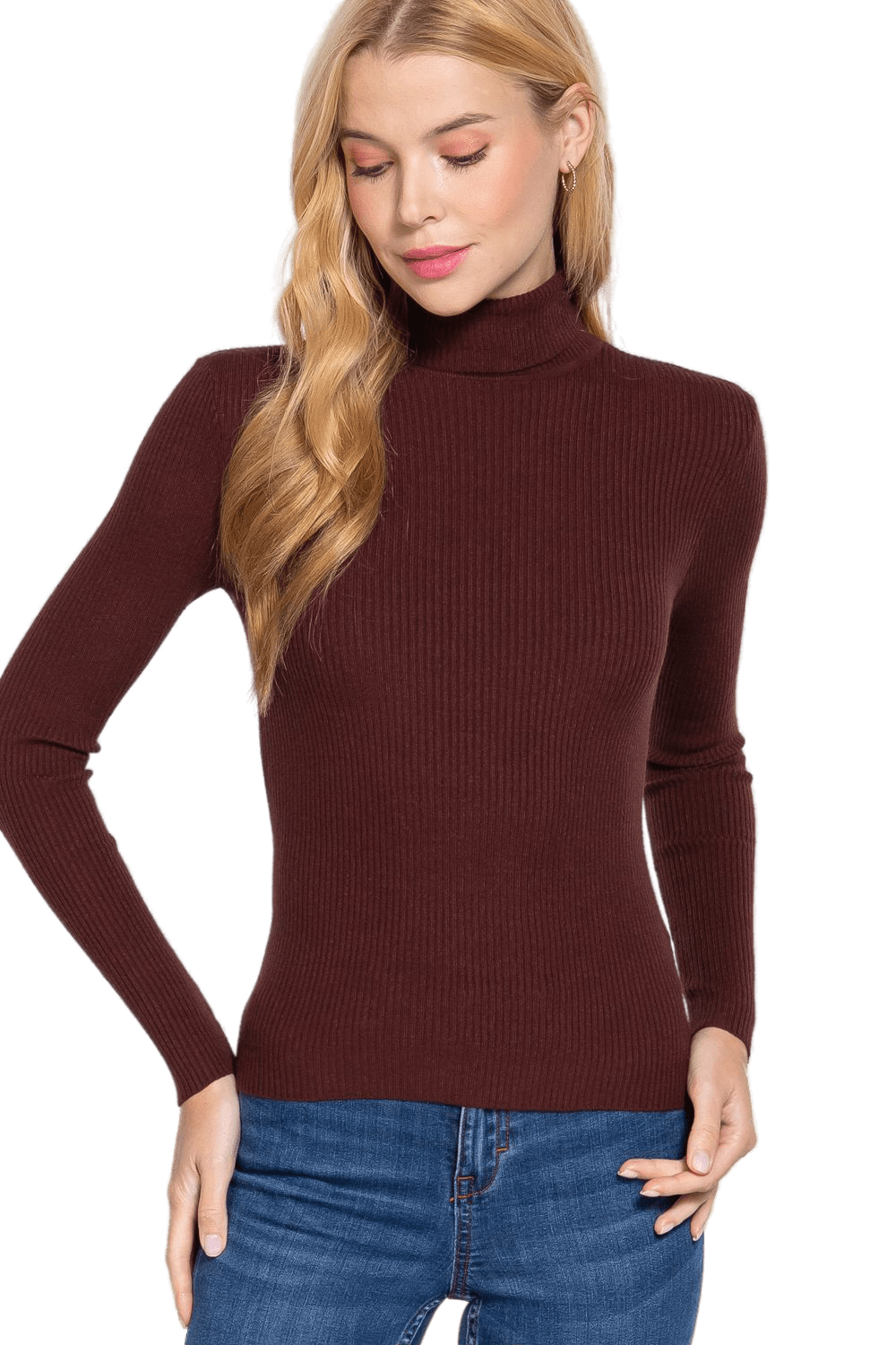 Women's Long Sleeve Turtle Neck Fitted Viscose Ribbed Sweater Cardigan
