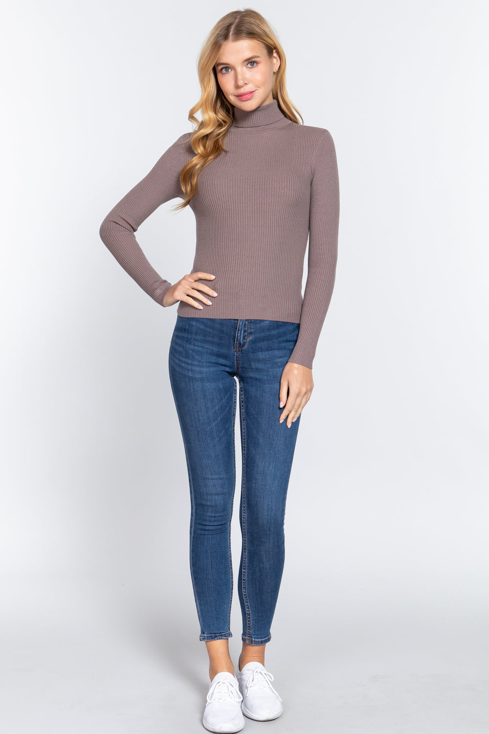 Women's Long Sleeve Turtle Neck Fitted Viscose Ribbed Sweater Cardigan