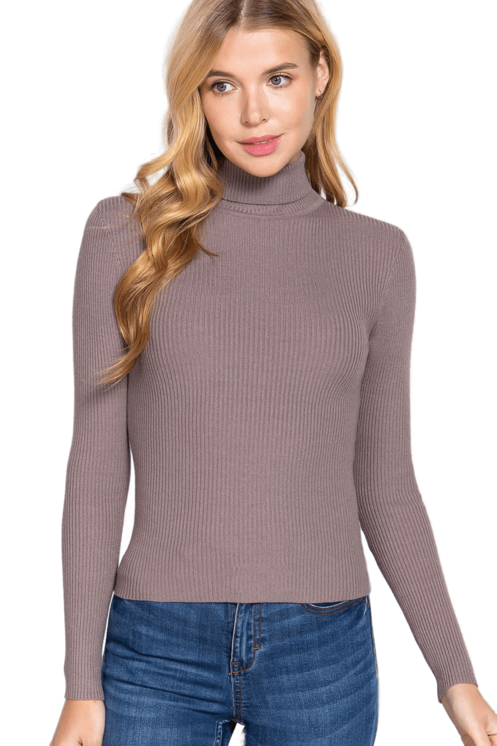 Women's Long Sleeve Turtle Neck Fitted Viscose Ribbed Sweater Cardigan