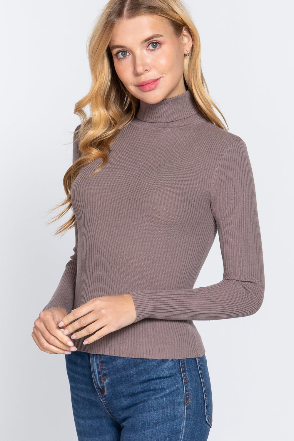 Women's Long Sleeve Turtle Neck Fitted Viscose Ribbed Sweater Cardigan
