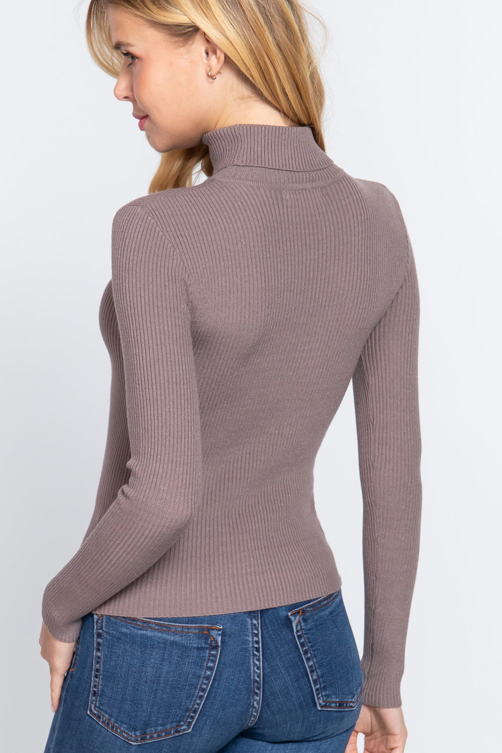 Women's Long Sleeve Turtle Neck Fitted Viscose Ribbed Sweater Cardigan