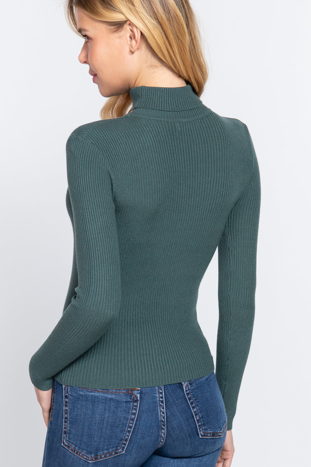 Women's Long Sleeve Turtle Neck Fitted Viscose Ribbed Sweater Cardigan