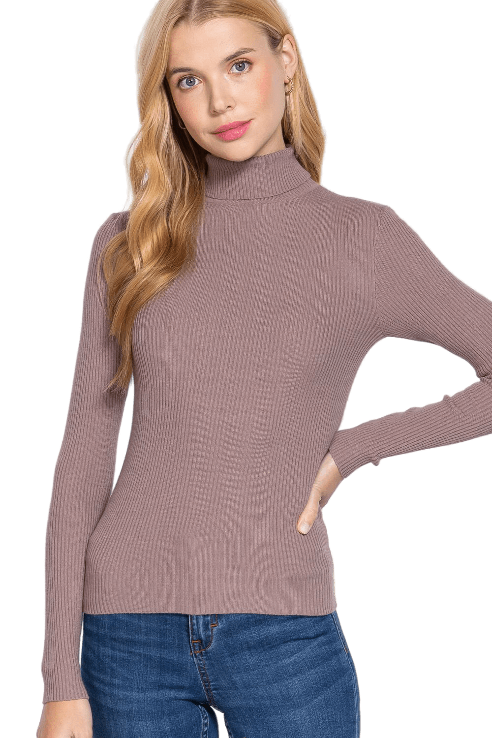 Women's Long Sleeve Turtle Neck Fitted Viscose Ribbed Sweater Cardigan