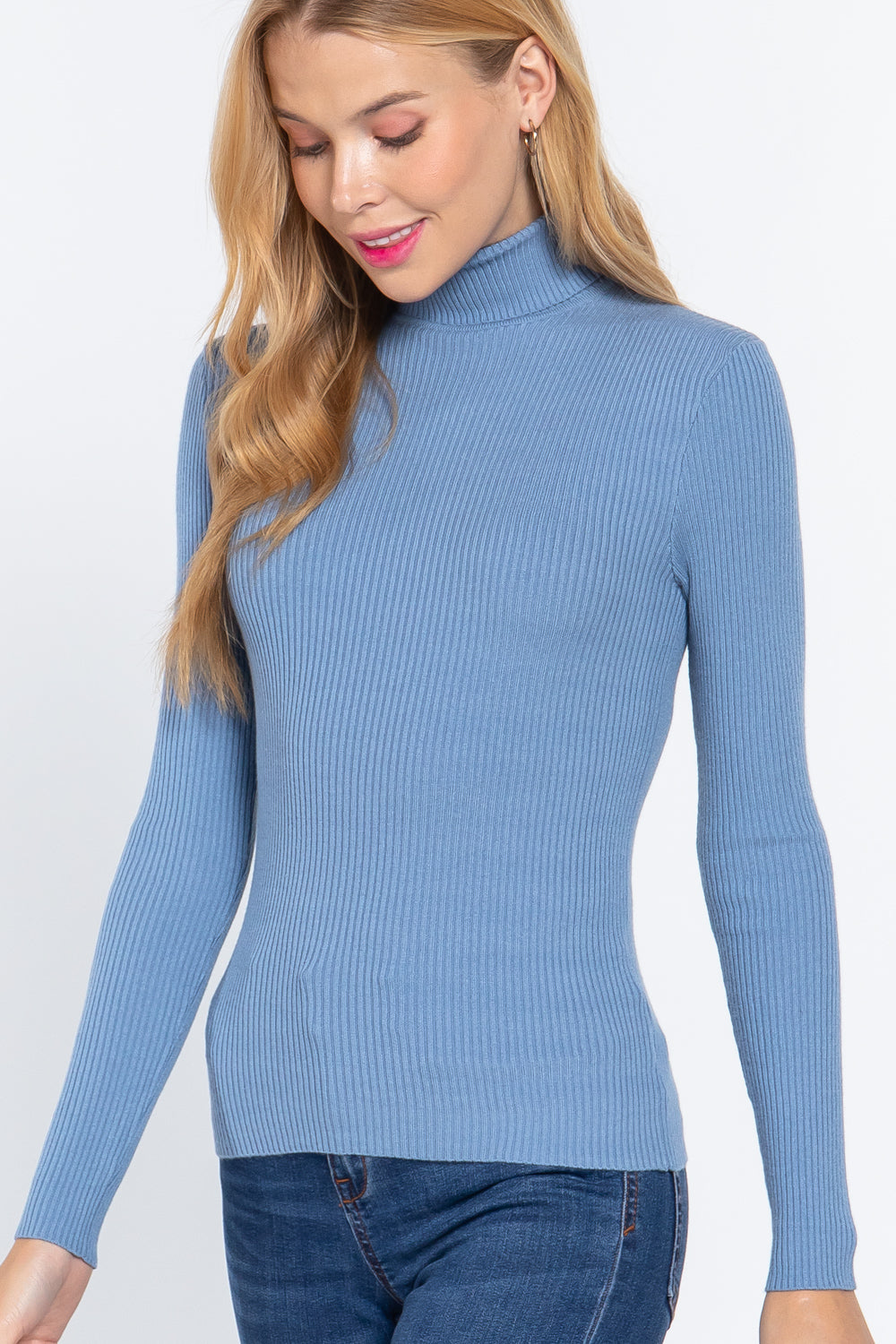 Women's Long Sleeve Turtle Neck Fitted Viscose Ribbed Sweater Cardigan