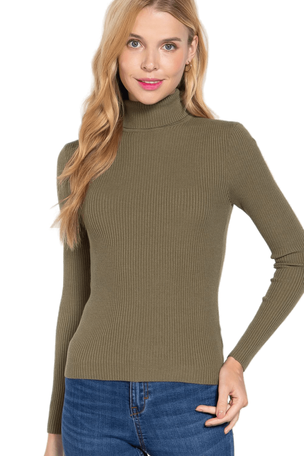 Women's Long Sleeve Turtle Neck Fitted Viscose Ribbed Sweater Cardigan