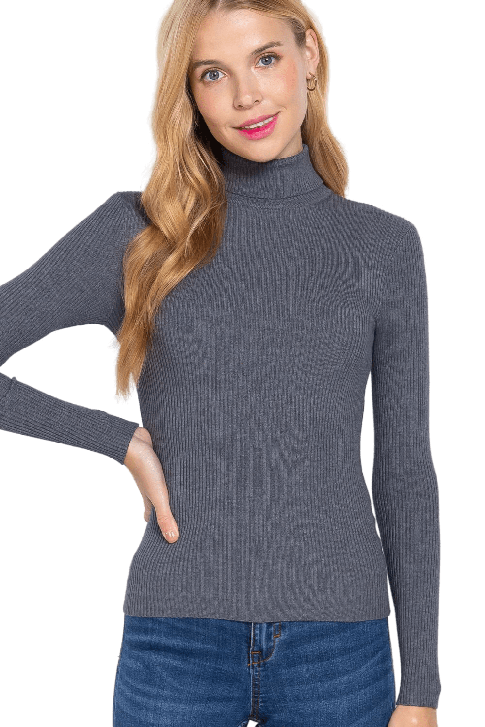 Women's Long Sleeve Turtle Neck Fitted Viscose Ribbed Sweater Cardigan