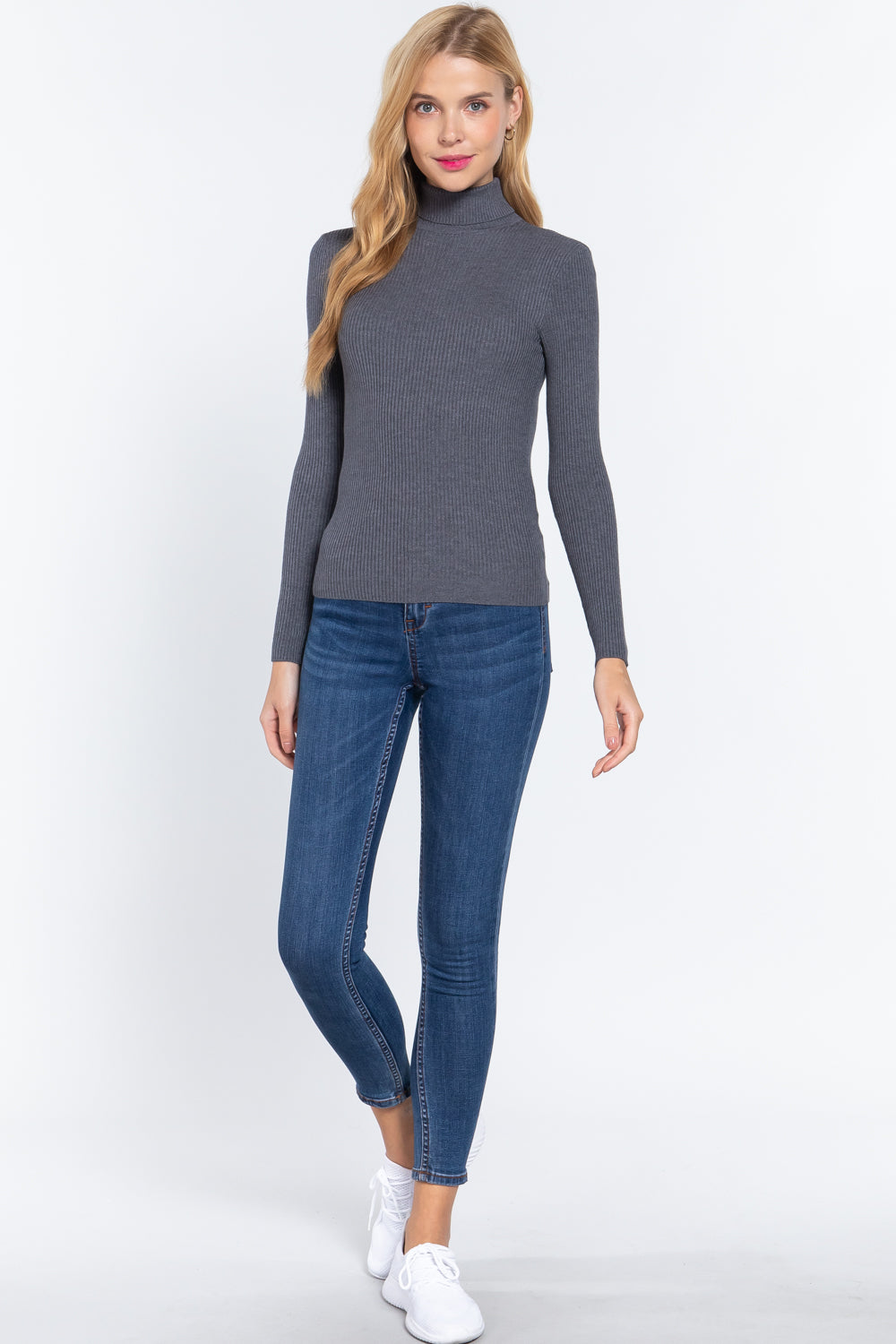 Women's Long Sleeve Turtle Neck Fitted Viscose Ribbed Sweater Cardigan