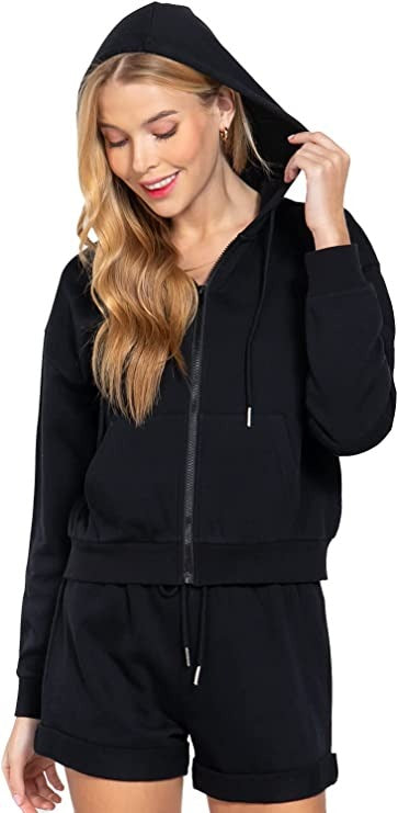 Women's Long Sleeve Inner Brushed French Terry Oversized Hoodie Zip Up Jacket