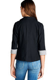 Plain Cotton 3/4 Sleeve One Button Striped Cuffed Sleeves Blazer Jacket