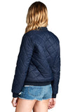 Long Sleeve Zip Up Front Quilted Padded Stand Up Collar Ribbed Bomber Jacket