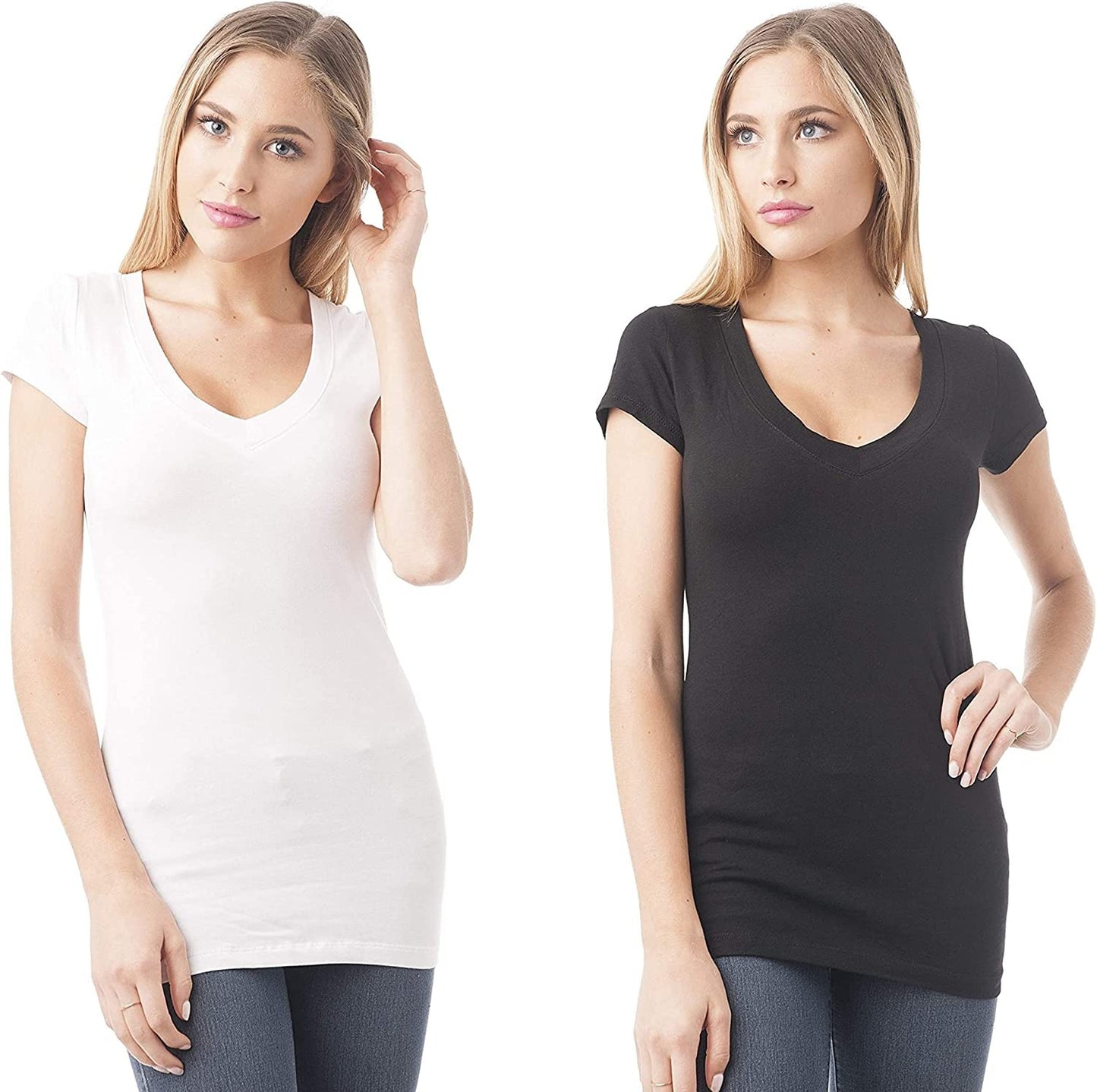 Women's Casual Basic Deep V-Neck Short Sleeve T-Shirt (Regular and Plus Size)