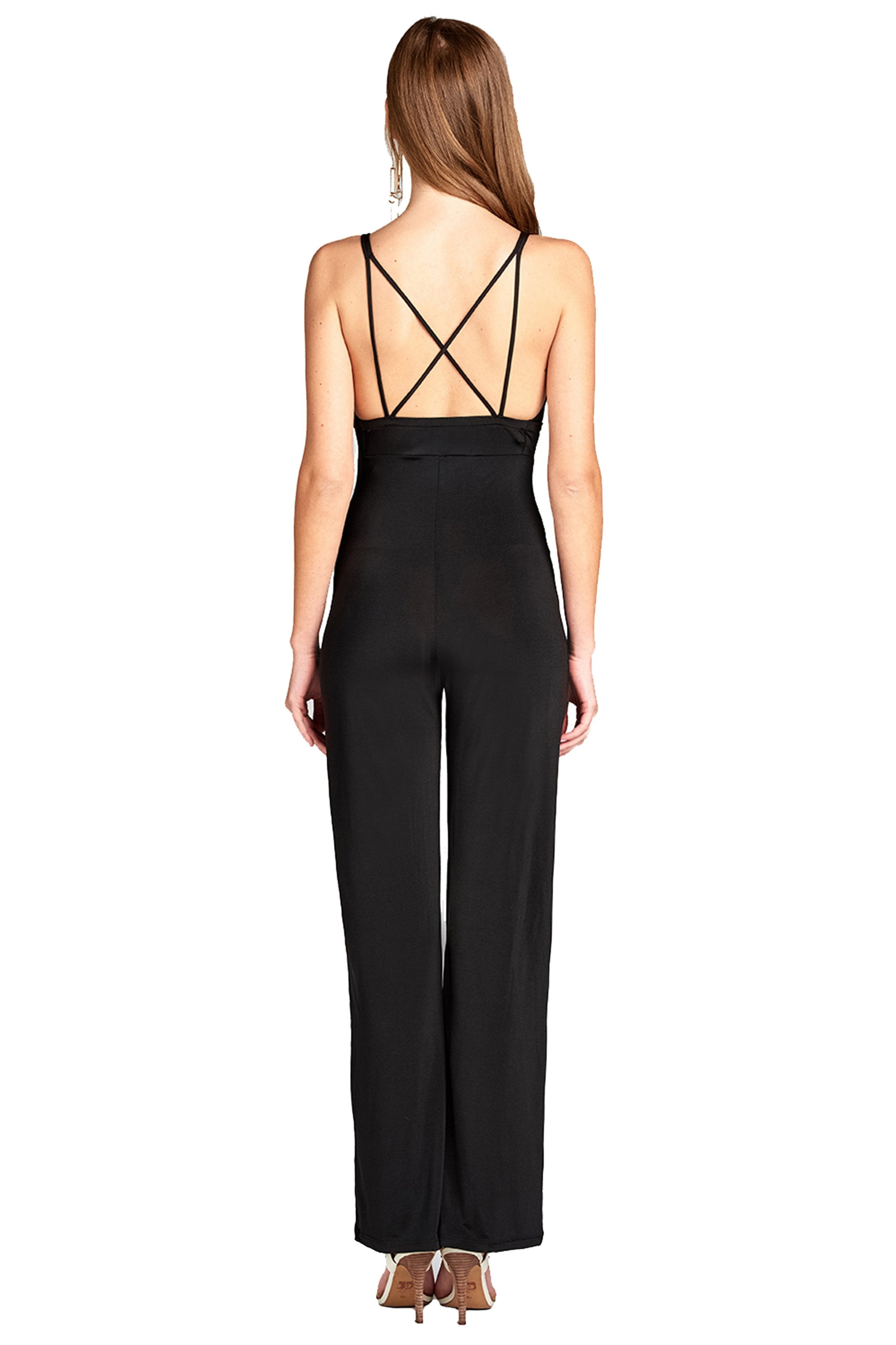 V Neck With Back Cross Strap Long Wide Palazzo Leg Stretchy Jumpsuit