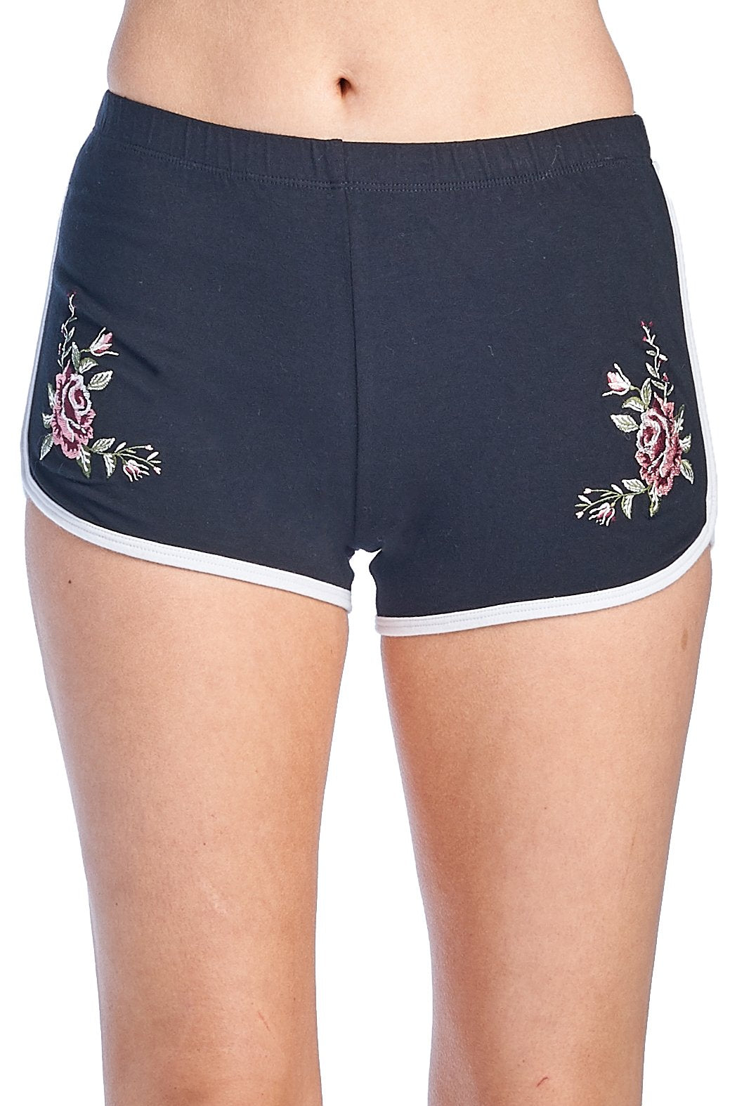 Women's Casual Basic Stretch Elastic Waist Floral Embroidery Floral Binding Dolphin Shorts