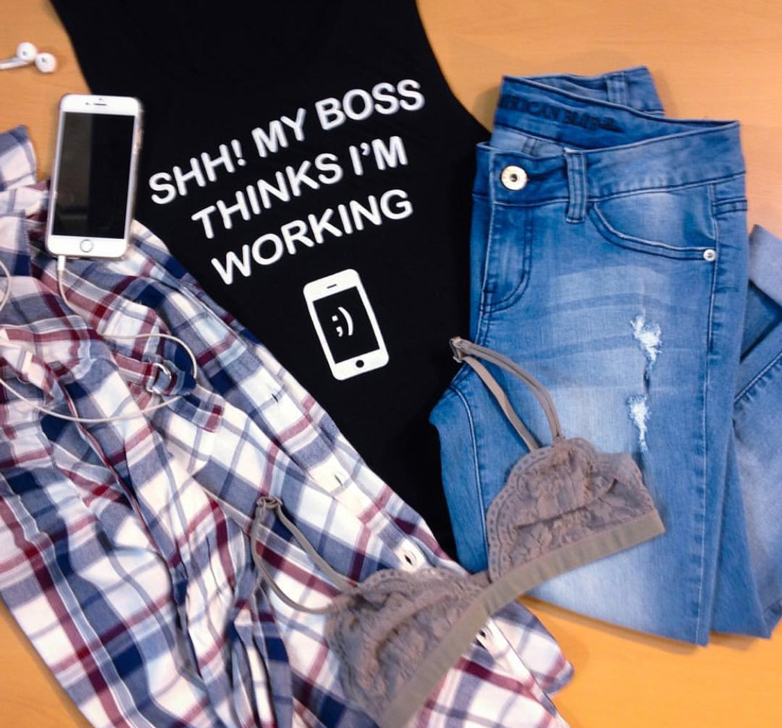 Sleeveless Tank Top Graphic Tees Shh!My Boss thinks I am Working!