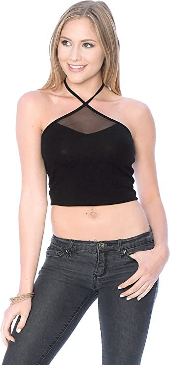 Khanomak Halter Neck Mesh Trim Crop Top