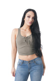 Sleeveless Ribbed V-Neck Lace Up Crop Top