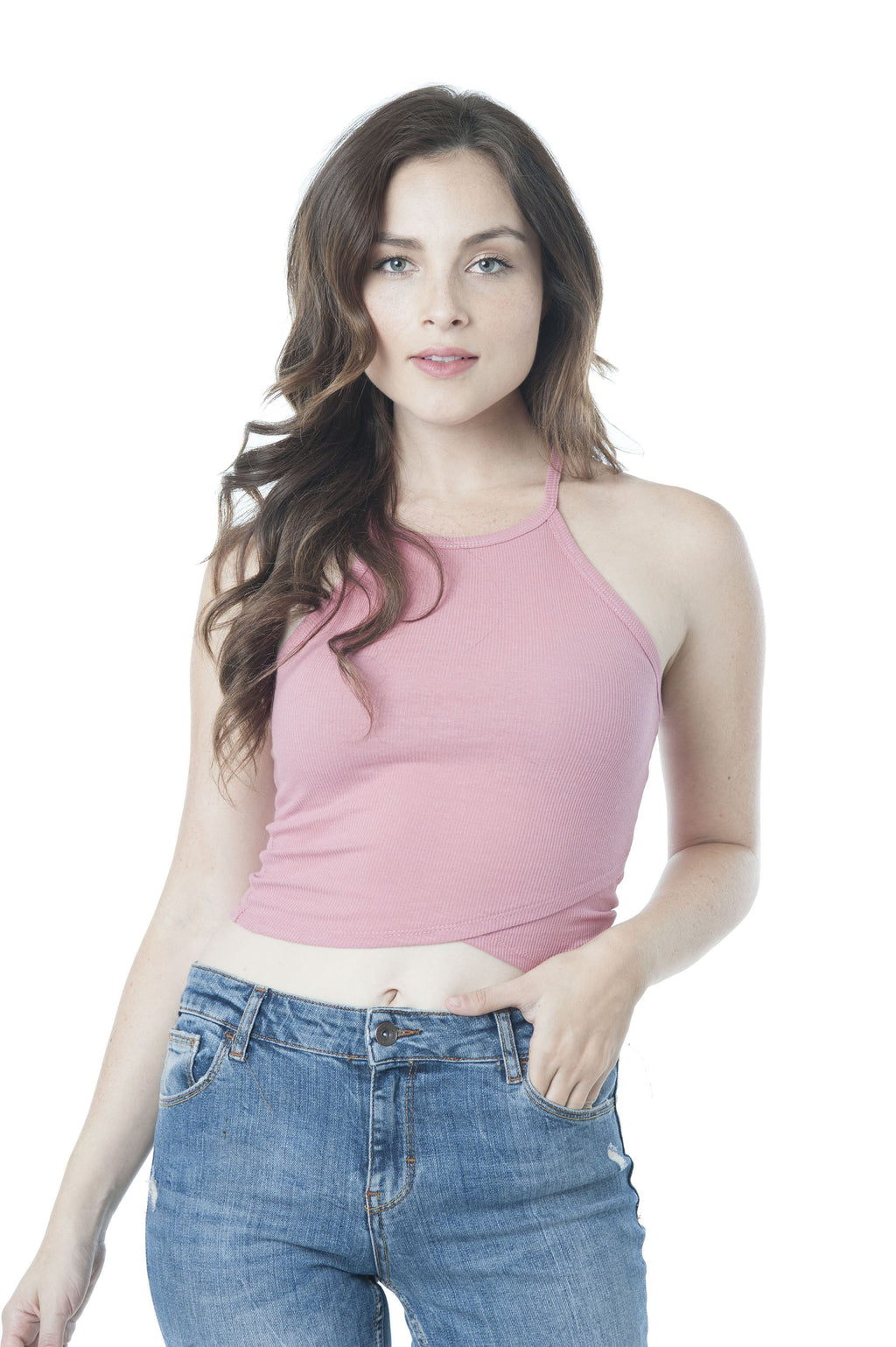 Sleeveless High Neck Ribbed Cami Crop Top