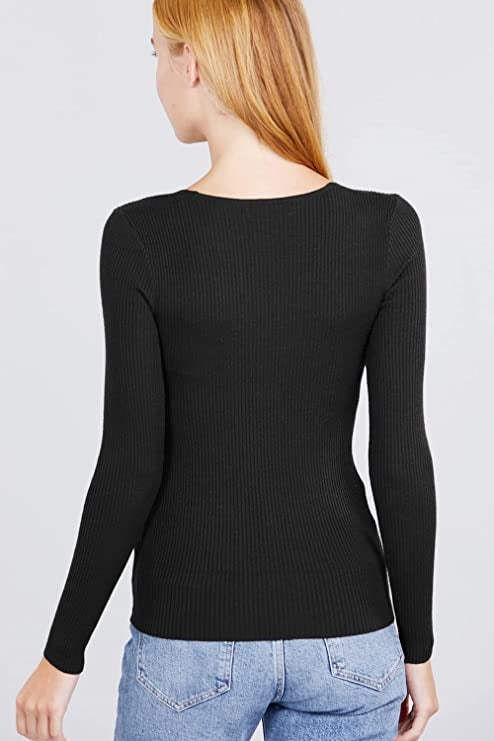 Women's Long Sleeve V-Neck Fitted Viscose Ribbed Sweater