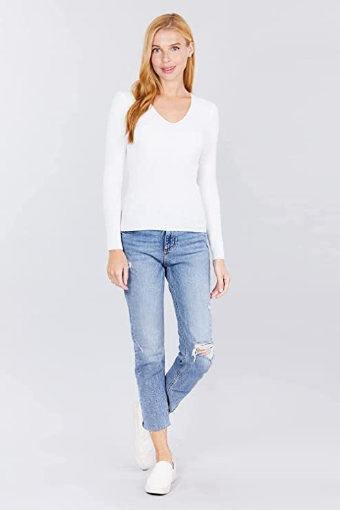 Women's Long Sleeve V-Neck Fitted Viscose Ribbed Sweater
