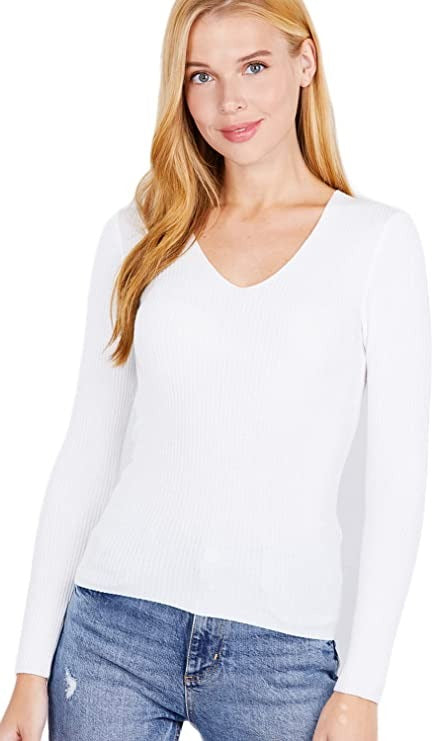 Women's Long Sleeve V-Neck Fitted Viscose Ribbed Sweater