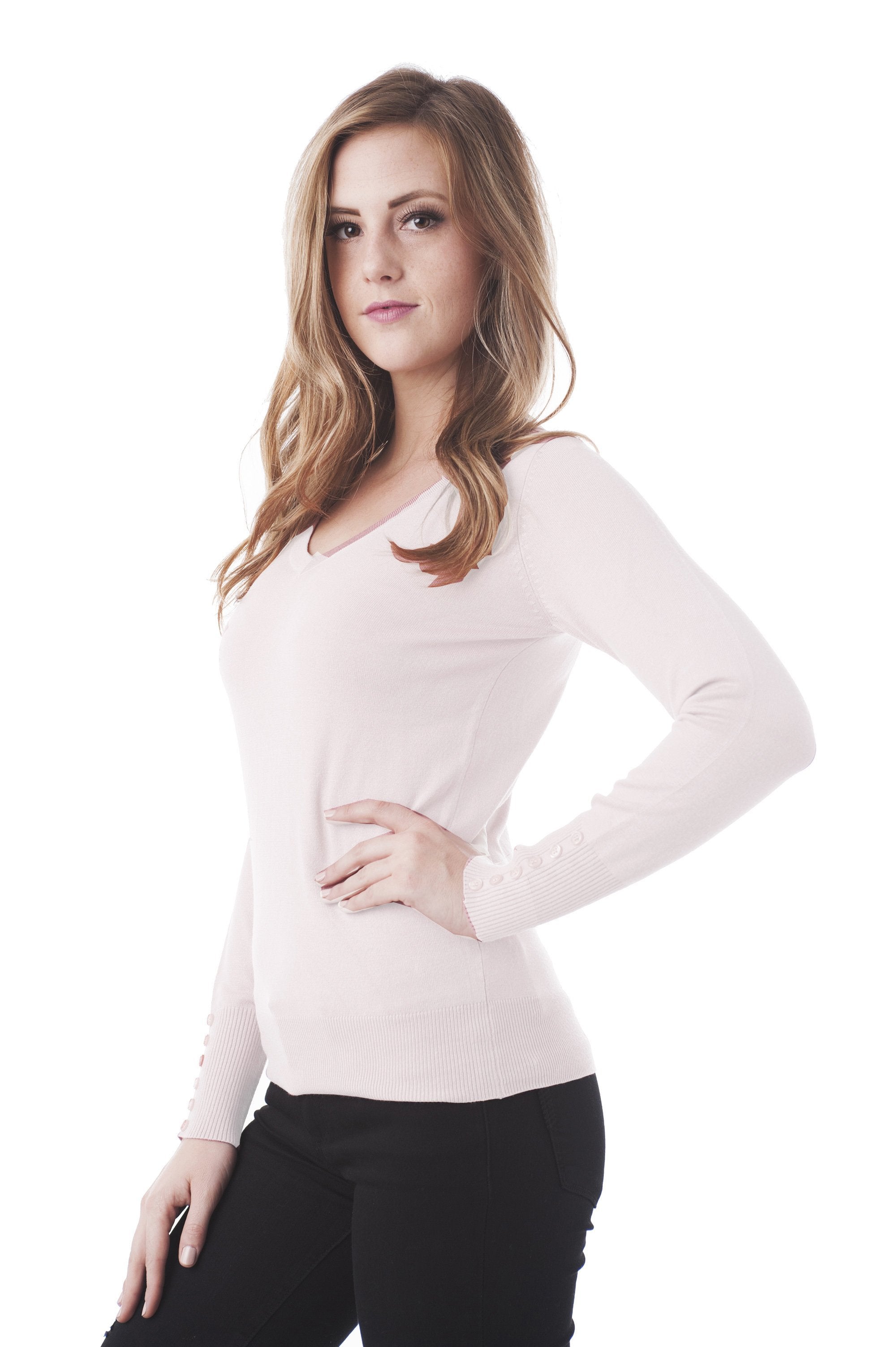 Long Sleeve V Neck Knit Sweater Top With Buttons On The Sleeve