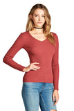 Plain Solid Stretch Fitted Long Sleeve V Neck Ribbed Knit Lightweight Sweater Top