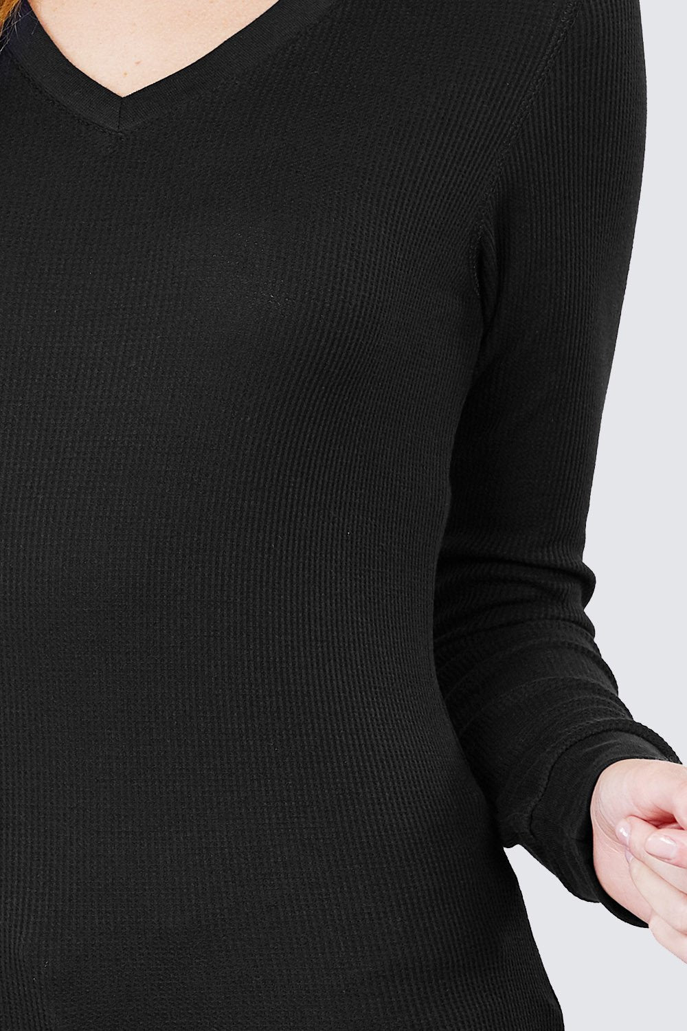 Cotton Blend Thermal V Neck Knit Top for women long sleeves