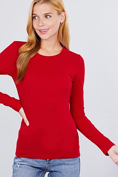 Khanomak Women's Long Sleeve Crew Cotton Spandex Jersey Top1