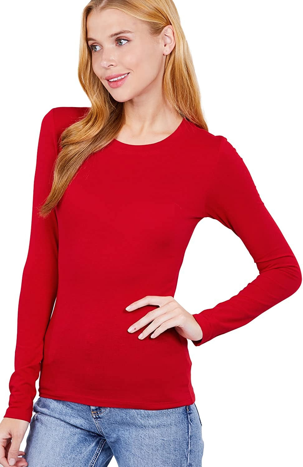 Khanomak Women's Long Sleeve Crew Cotton Spandex Jersey Top0