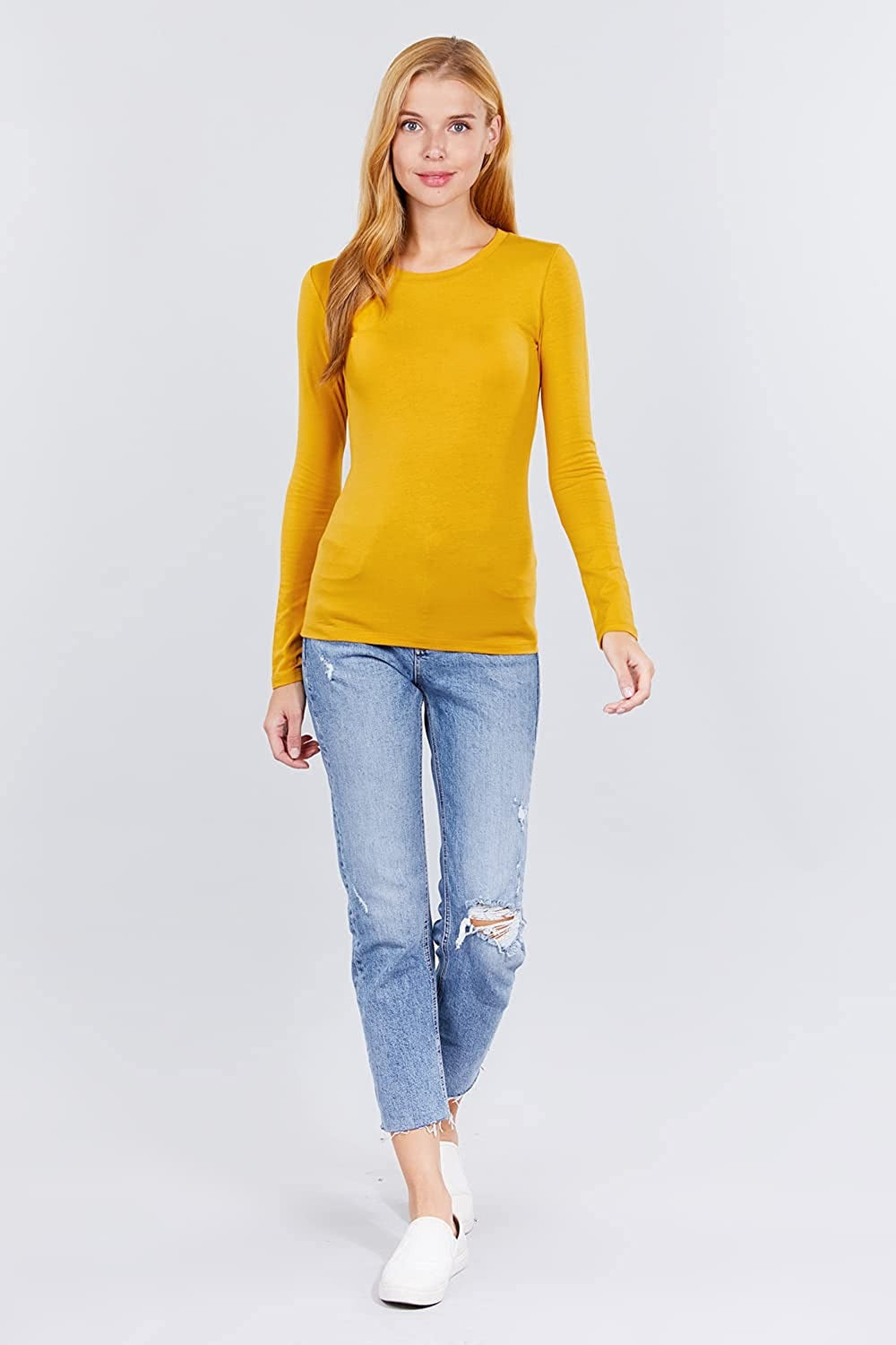 Khanomak Women's Long Sleeve Crew Cotton Spandex Jersey Top0