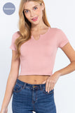 Women's Short Sleeves Notched Ribbed Seamless Top