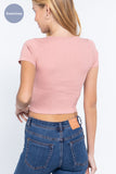 Women's Short Sleeves Notched Ribbed Seamless Top