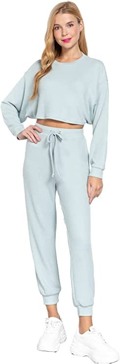 Women's  Long Dolman Sleeves Crew Neck Hacci Crop Top