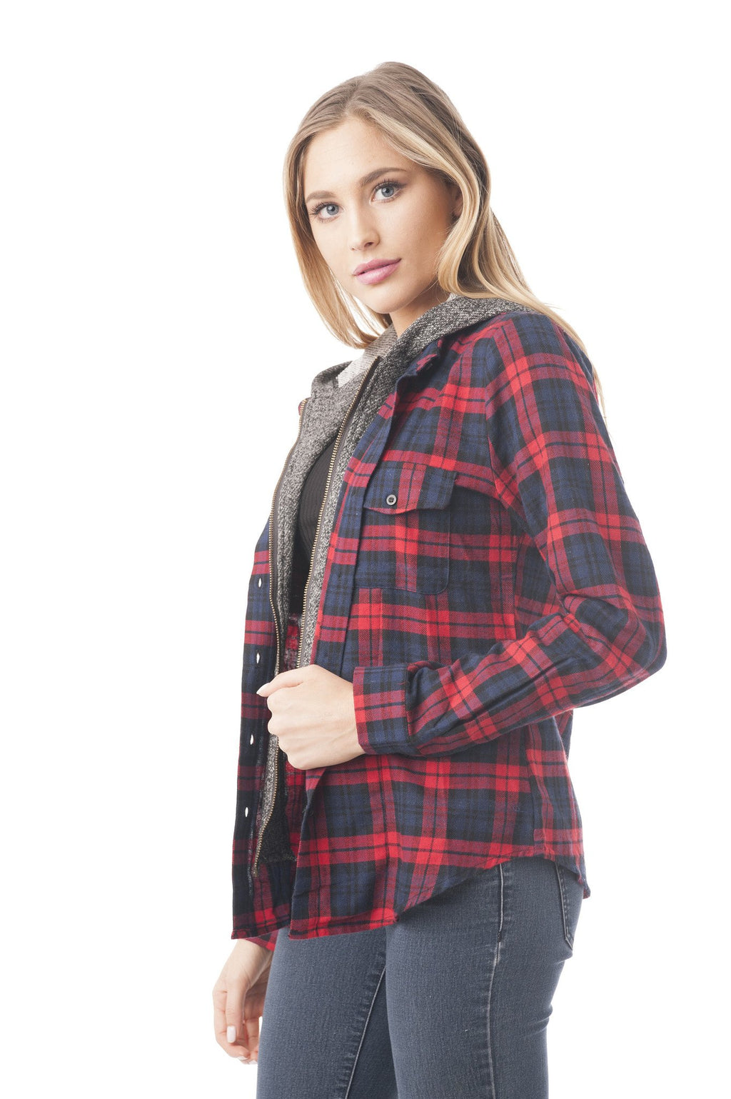 Long Sleeve Two Tone Terry Mixed Plaid Buttoned Down Shirt