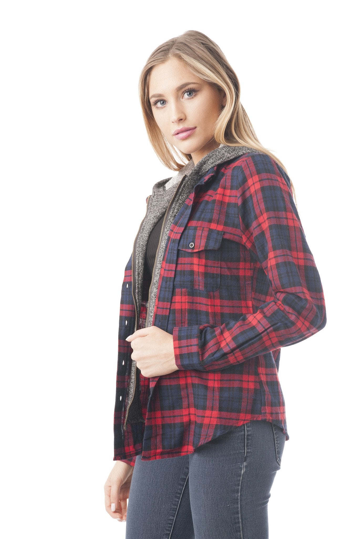 Long Sleeve Two Tone Terry Mixed Plaid Buttoned Down Shirt