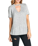 Plain Soft Short Sleeve V Neck With Choker Brushed Hacci Knit Top