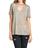 Plain Soft Short Sleeve V Neck With Choker Brushed Hacci Knit Top