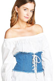 Lace Up Denim Jean Frayed Hem Zip Up Back Corset Belt
