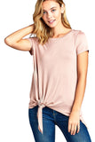 Short Sleeve Round Neck Side Knot Slit Solid Lightweight Loose Fit Casual Top