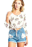 Long Sleeve Elasticized Cuffs Round Neck Semi Cropped Floral Print Front Self Tie Top