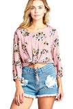 Long Sleeve Elasticized Cuffs Round Neck Semi Cropped Floral Print Front Self Tie Top