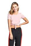 Plain Short Sleeve Round Neck With Knotted Front Basic Crop Top