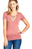 Short Sleeve Basic Casual Crisscross Strappy V-Neck Fitted Top
