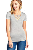 Short Sleeve Basic Casual Crisscross Strappy V-Neck Fitted Top