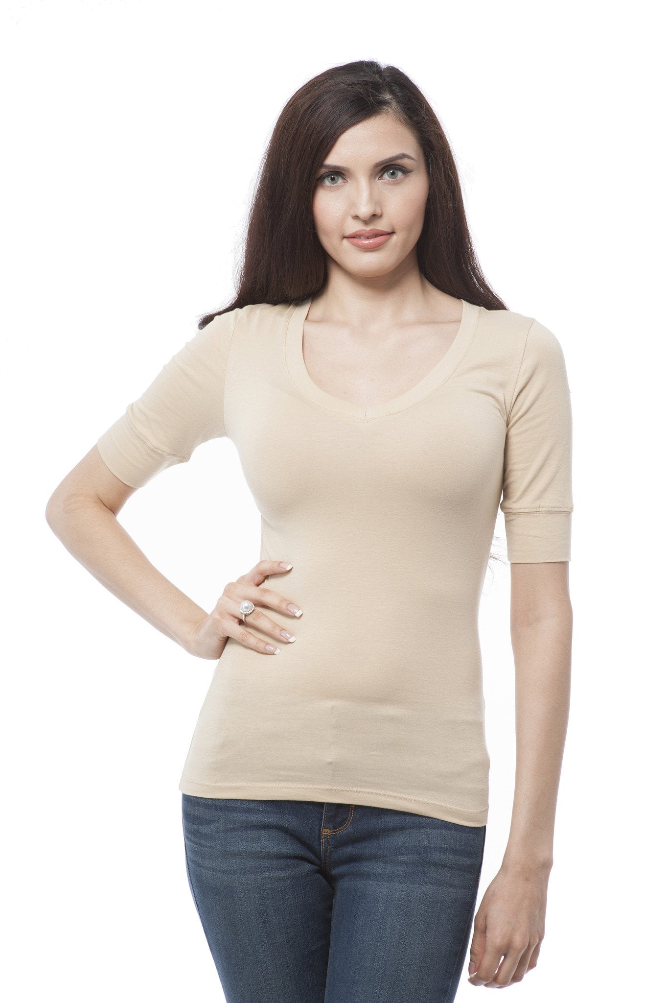 Plus Size Elbow Sleeve V Neck Plain Top