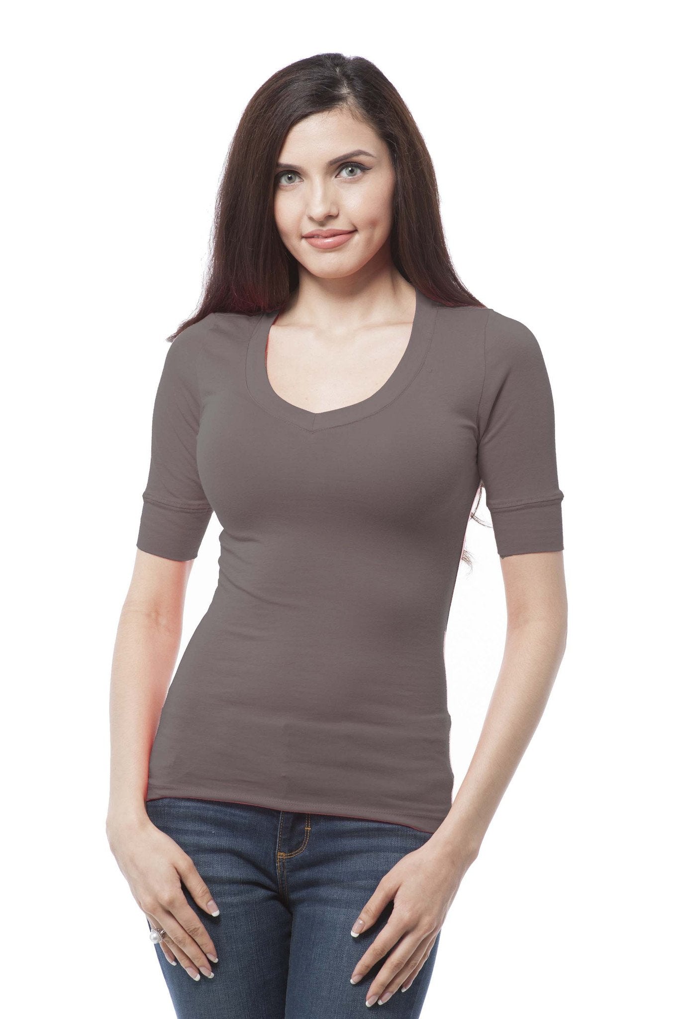 Plus Size Elbow Sleeve V Neck Plain Top