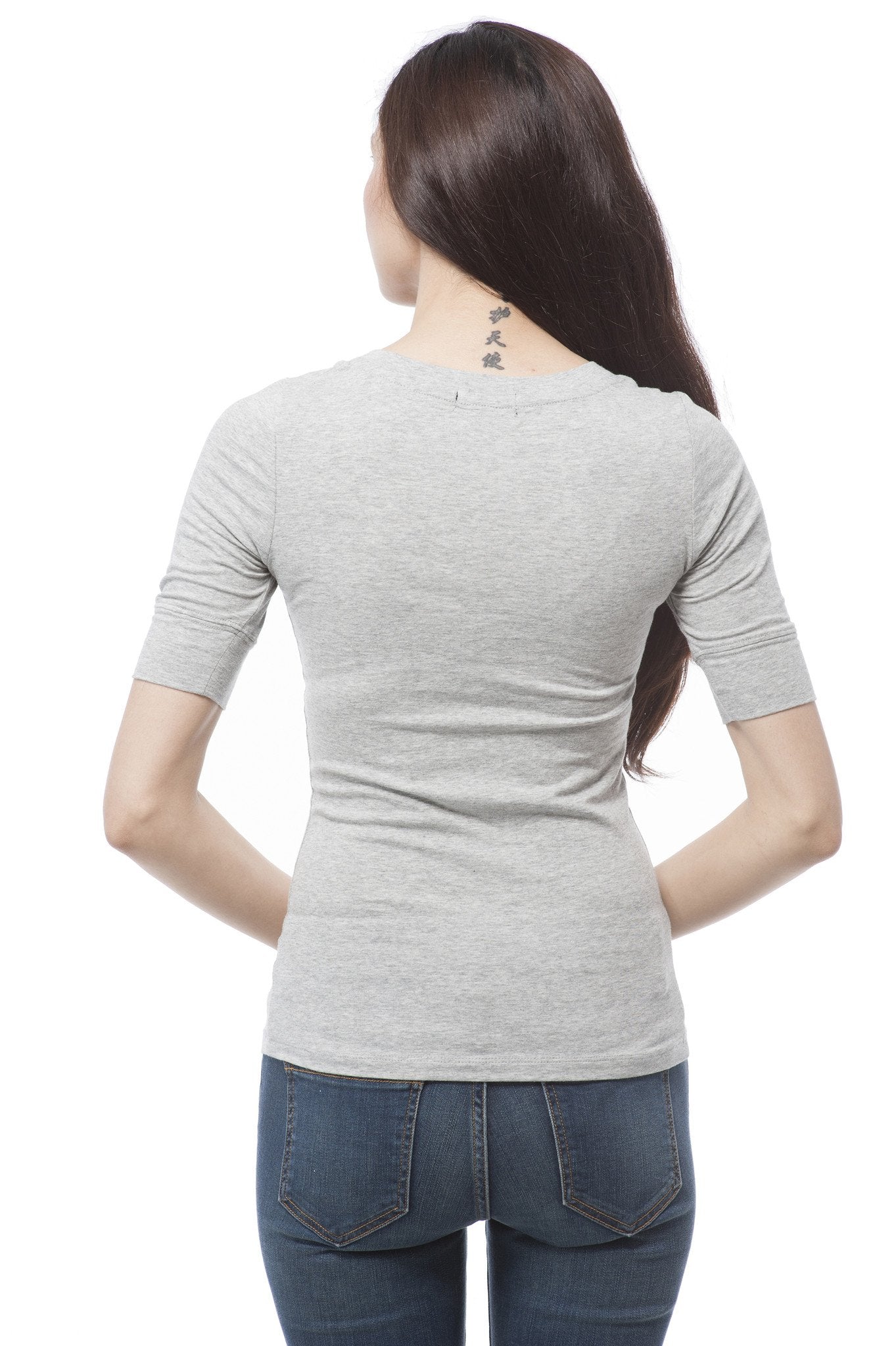 Plus Size Elbow Sleeve V Neck Plain Top